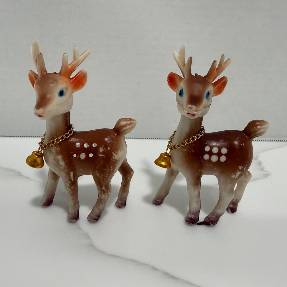 Set of 2 VTG 1950s Plastic Reindeer Figurines Chain Bell Christmas Hong Kong MCM